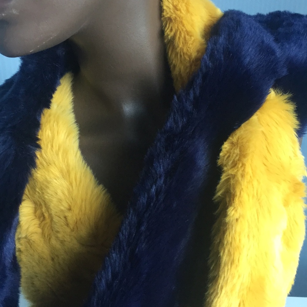 Navy Blue & Yellow Color Block Vegan Fur Scarf